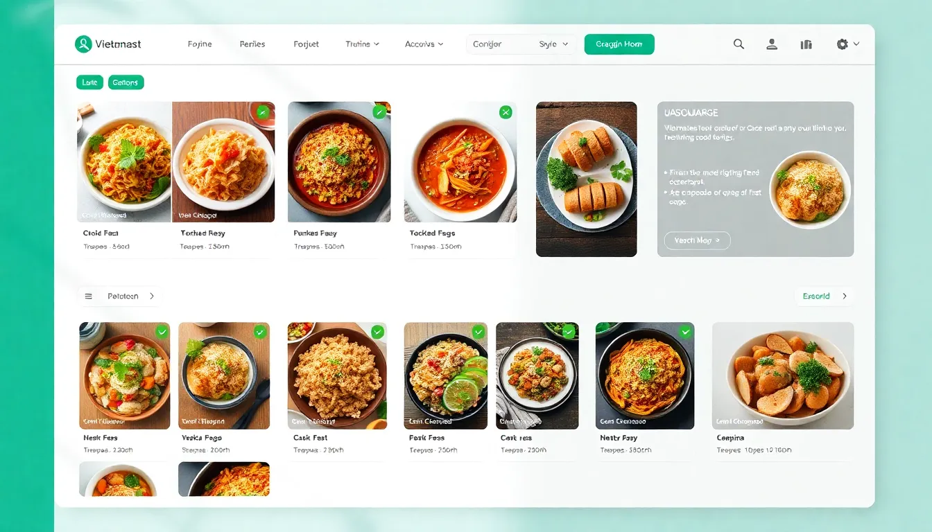Bảng điều hướng quán ăn dạng lưới với thẻ menu và ảnh thu nhỏ hiện đại